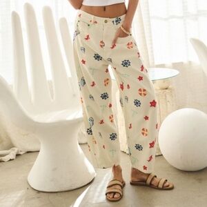 P10-0329 Whimsical Nautical Print Barrel Leg Jeans In Cream *Boutique*